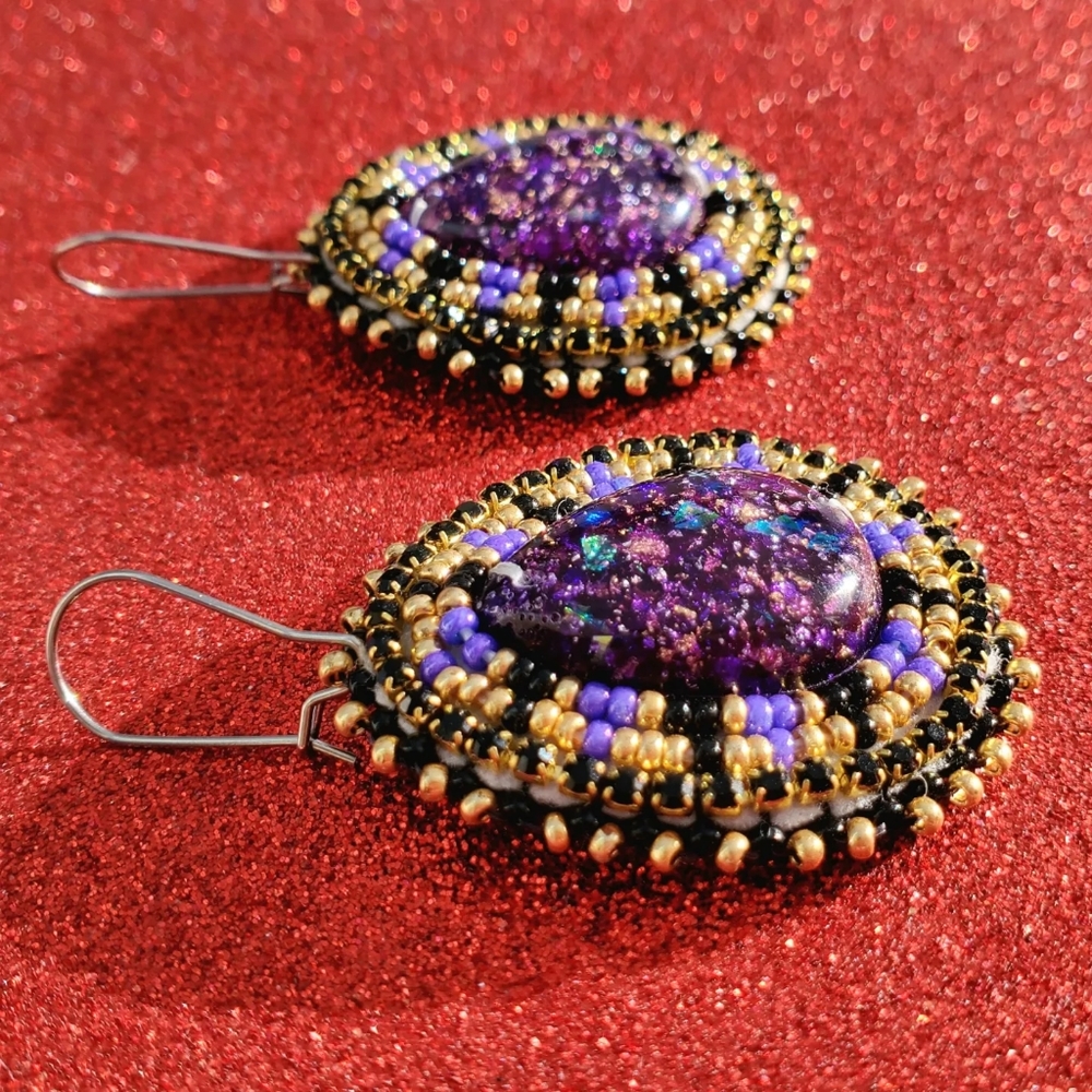 Purple & Gold Handmade Beaded Earrings